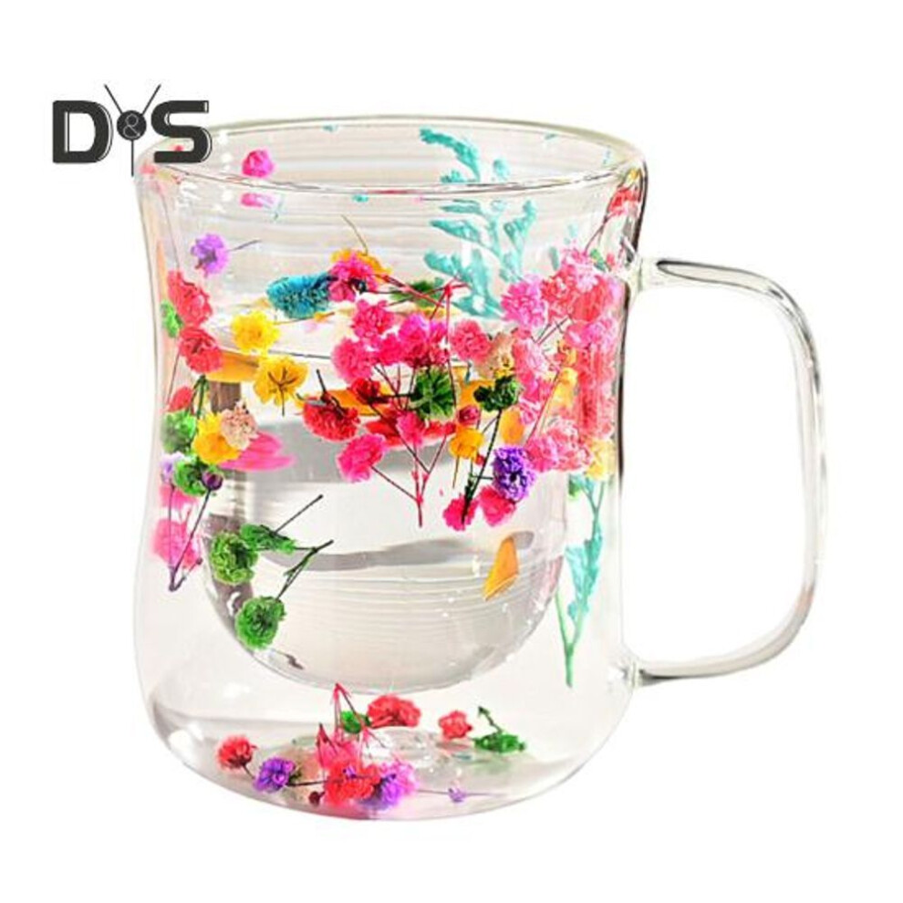 (as the picture, L C) 220/300ml Double Walled Glass Cups With Insulated Handle Clear Glass Coffee Mugs Heat Resistant Floral Design Drinking Mug For Tea
