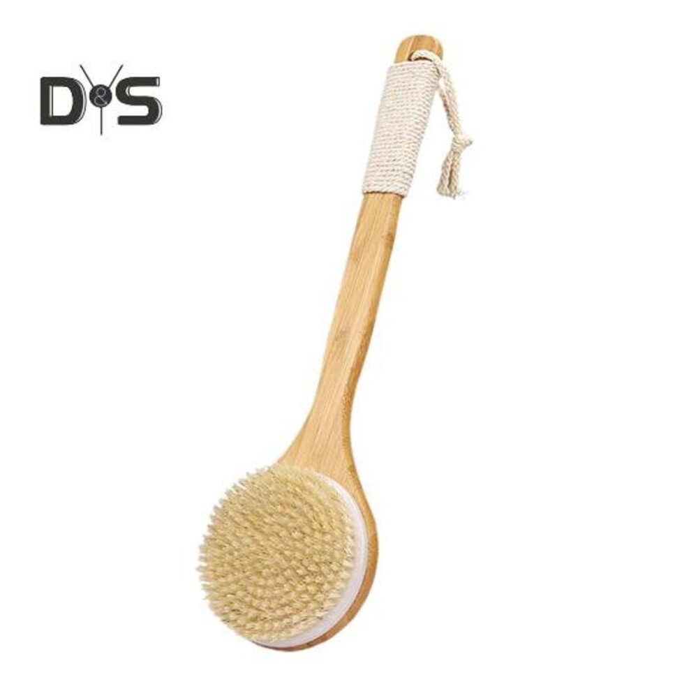 Bamboo Long Handle Bath Brush With Lanyard Non-slip Ergonomic Grip Dry Body Scrubber Back Rubbing Shower Brush