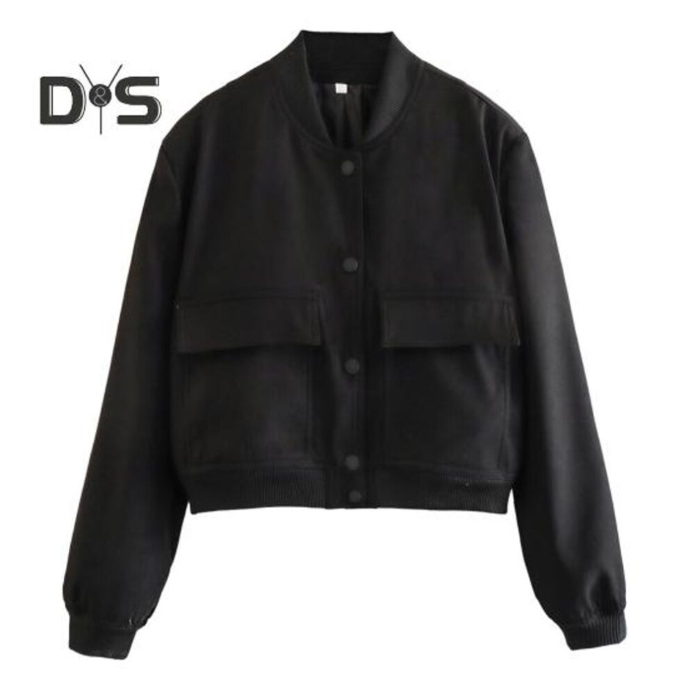 (black, L) Women Baseball Jacket Stand Collar Long Sleeve Single-breasted Solid Color Buttons Pockets Short Type Streetwear Lady Coat