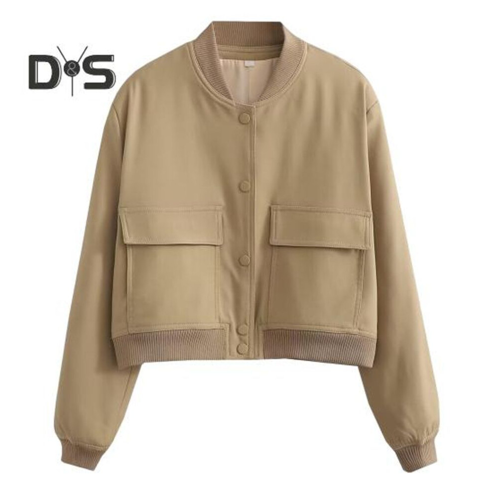 (khaki, M) Women Baseball Jacket Stand Collar Long Sleeve Single-breasted Solid Color Buttons Pockets Short Type Streetwear Lady Coat
