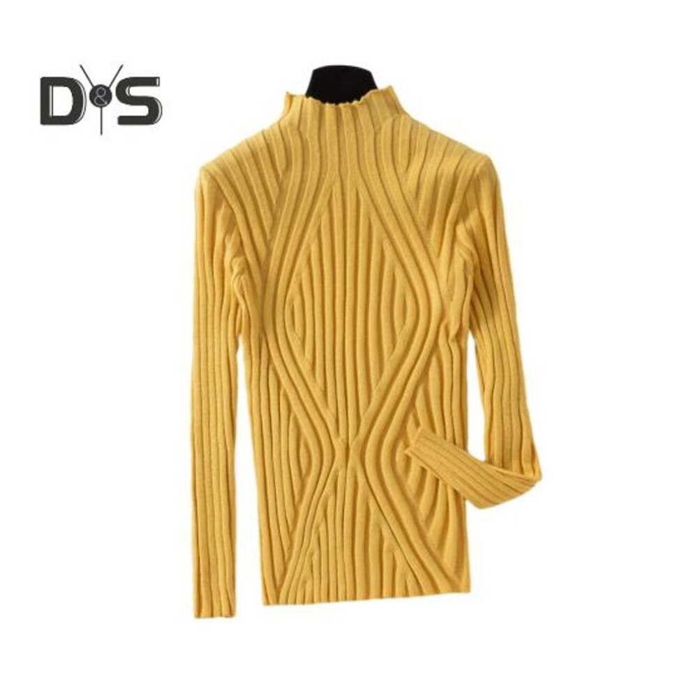 (yellow) Women Knitting Tops Half High Collar Long Sleeve Slim Fit Pullover Tops Solid Color Lines Texture Autumn Winter Sweater