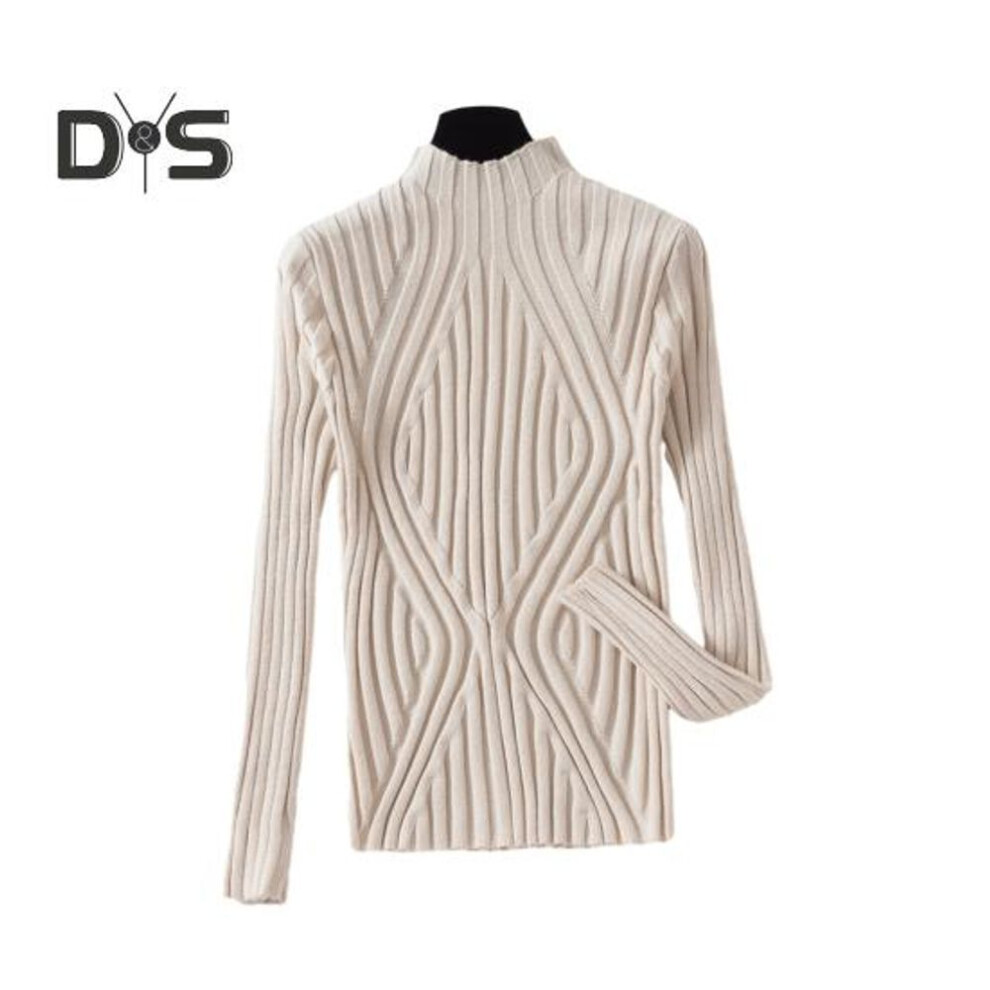 (apricot) Women Knitting Tops Half High Collar Long Sleeve Slim Fit Pullover Tops Solid Color Lines Texture Autumn Winter Sweater
