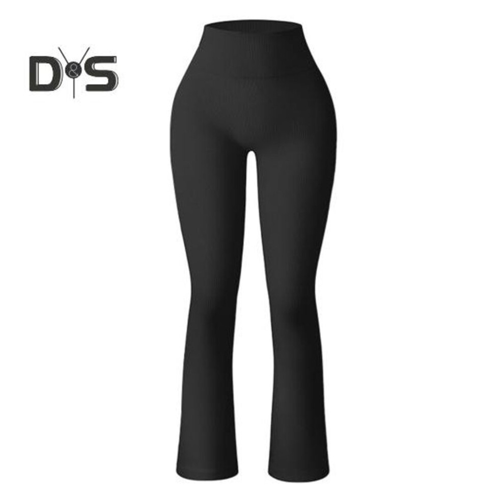 (black, S) Women Yoga Pants High Waist Leggings Solid Color Compression Elastic Butt-lifted Seamless Flared Hem Tummy Control Sports Trousers