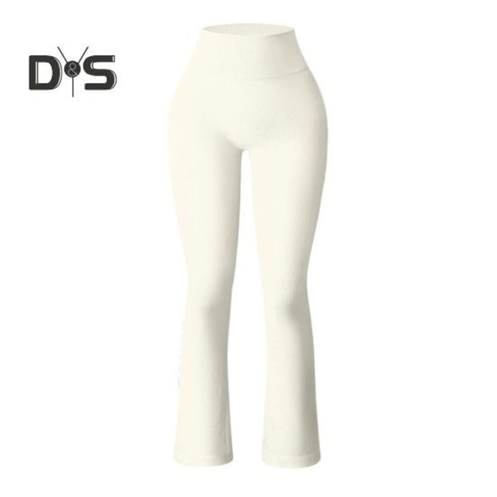 (beige, M) Women Yoga Pants High Waist Leggings Solid Color Compression Elastic Butt-lifted Seamless Flared Hem Tummy Control Sports Trousers