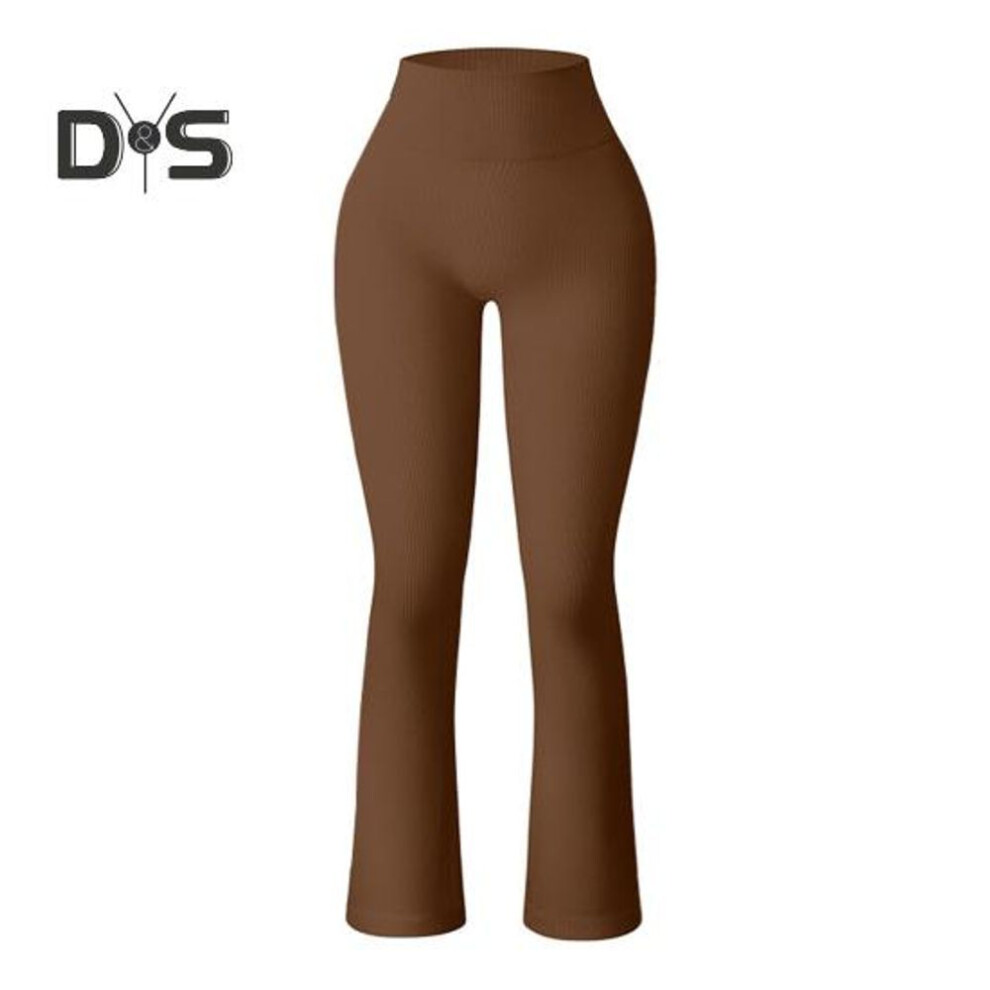 (coffee, M) Women Yoga Pants High Waist Leggings Solid Color Compression Elastic Butt-lifted Seamless Flared Hem Tummy Control Sports Trousers