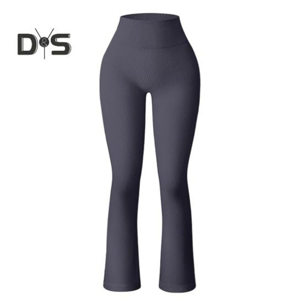 (grey, S) Women Yoga Pants High Waist Leggings Solid Color Compression Elastic Butt-lifted Seamless Flared Hem Tummy Control Sports Trousers