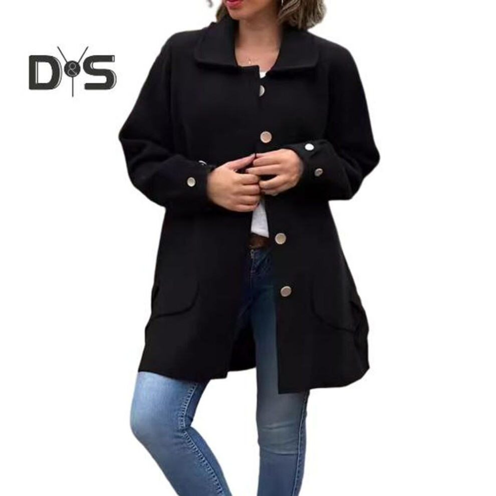 (black, XL) Fall Spring Women Coat Single-breasted Buttons Loose Solid Color Turn-down Collar Cardigan Long Sleeves Dating Commuting Jacket