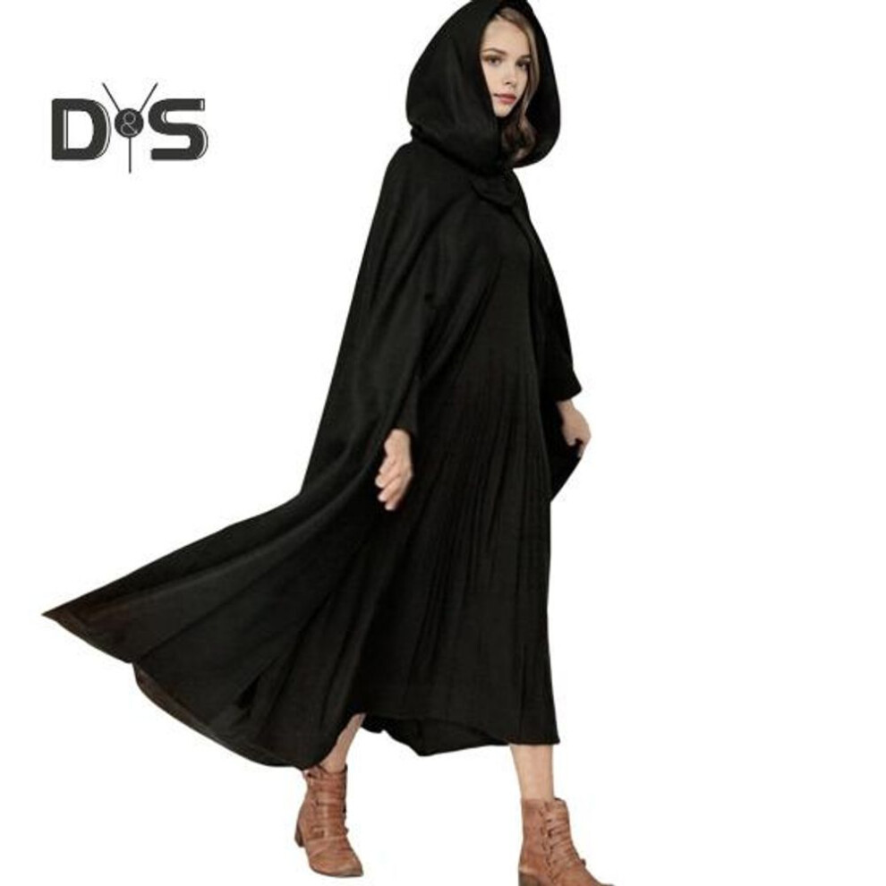 (black, XL) Winter Women Jacket with Hood Medieval Retro Cape Gothic Keep Warm Shawl Ankle Length Loose Cloak Thick Single-Button Closure Outdoor Poncho Pirate