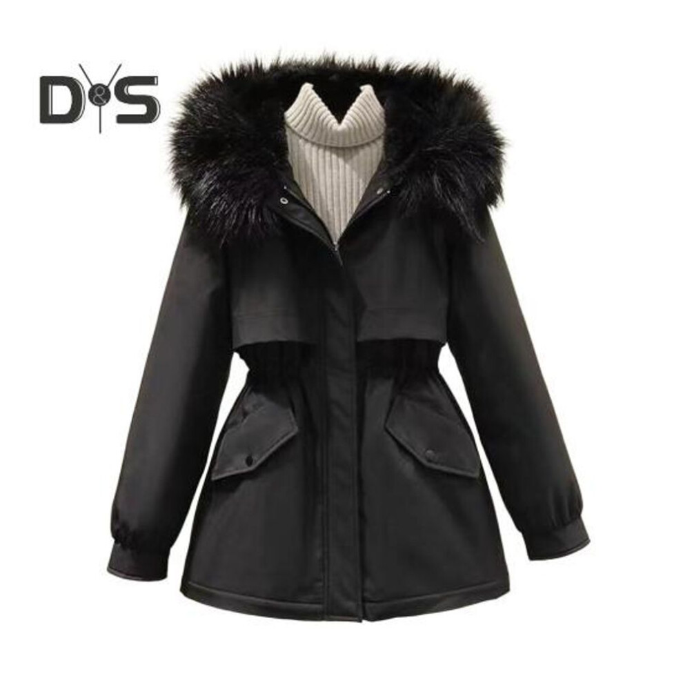 (black, L) Winter Women Jacket Furry Hood Thickened Plush Long Sleeves Elastic Waist Pockets Zipper Closure Coat Mid Length Windproof Warm Overcoat