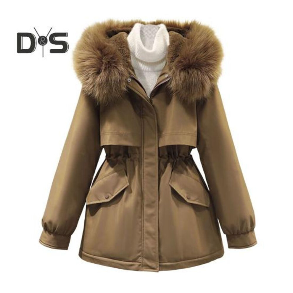 (coffee, M) Winter Women Jacket Furry Hood Thickened Plush Long Sleeves Elastic Waist Pockets Zipper Closure Coat Mid Length Windproof Warm Overcoat