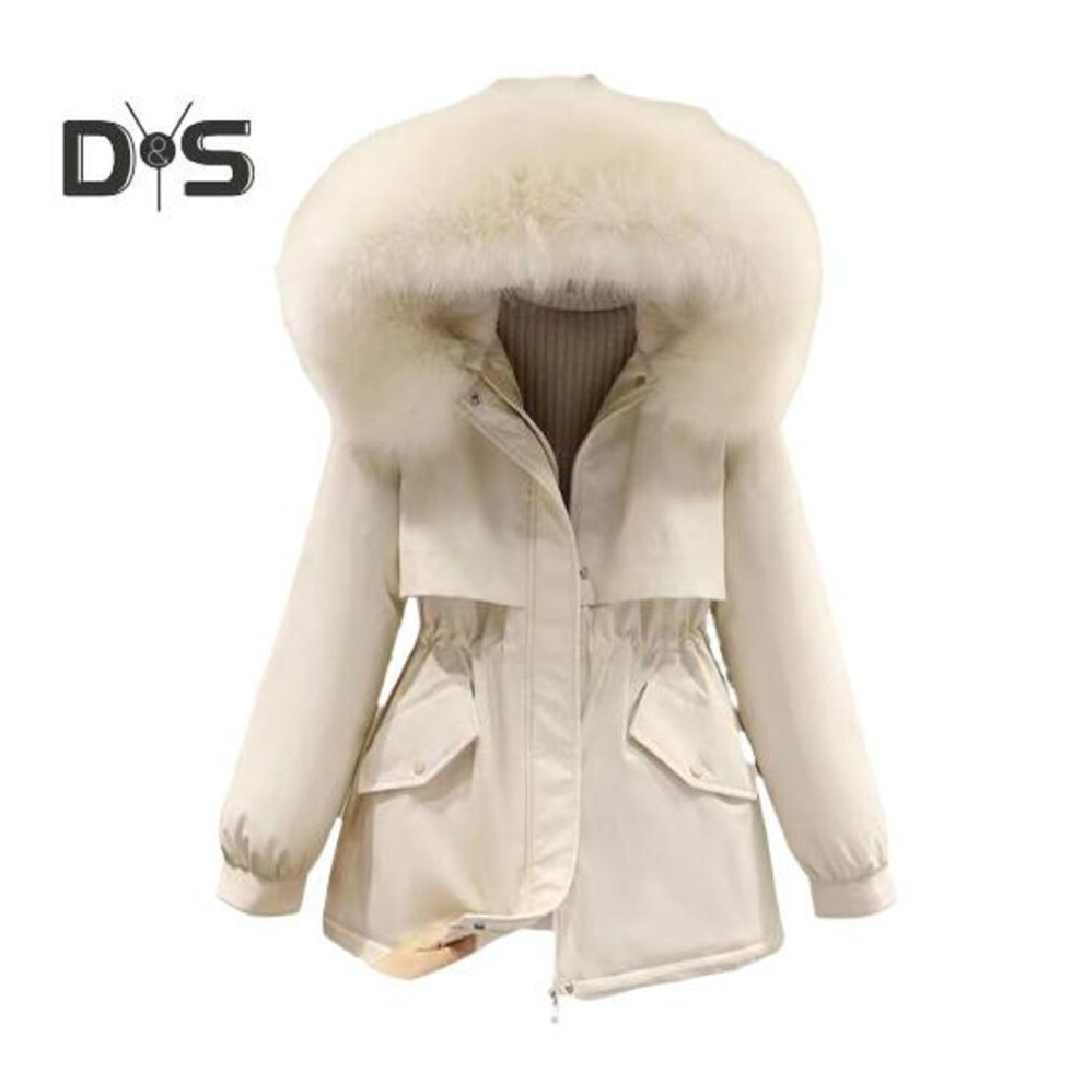 (beige, XXXL) Winter Women Jacket Furry Hood Thickened Plush Long Sleeves Elastic Waist Pockets Zipper Closure Coat Mid Length Windproof Warm Overcoat