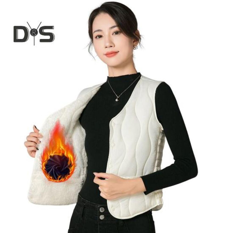 (white, XXL) Winter Women Layering Vest Coat Thin Padded Button Closure Round Neck Sleeveless Solid Color Windproof Heat Retention Outdoor Down Coat