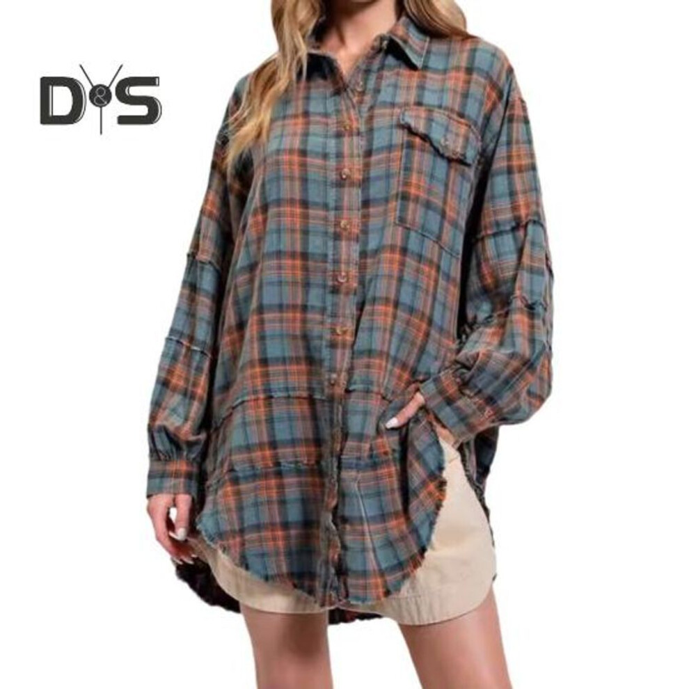 (XXXL, green) Women Shirt Lapel Long Sleeve Flap Pockets Shirt Tops Single Breasted Distressed Tassel Edge Oversized Fit Shirt Jacket