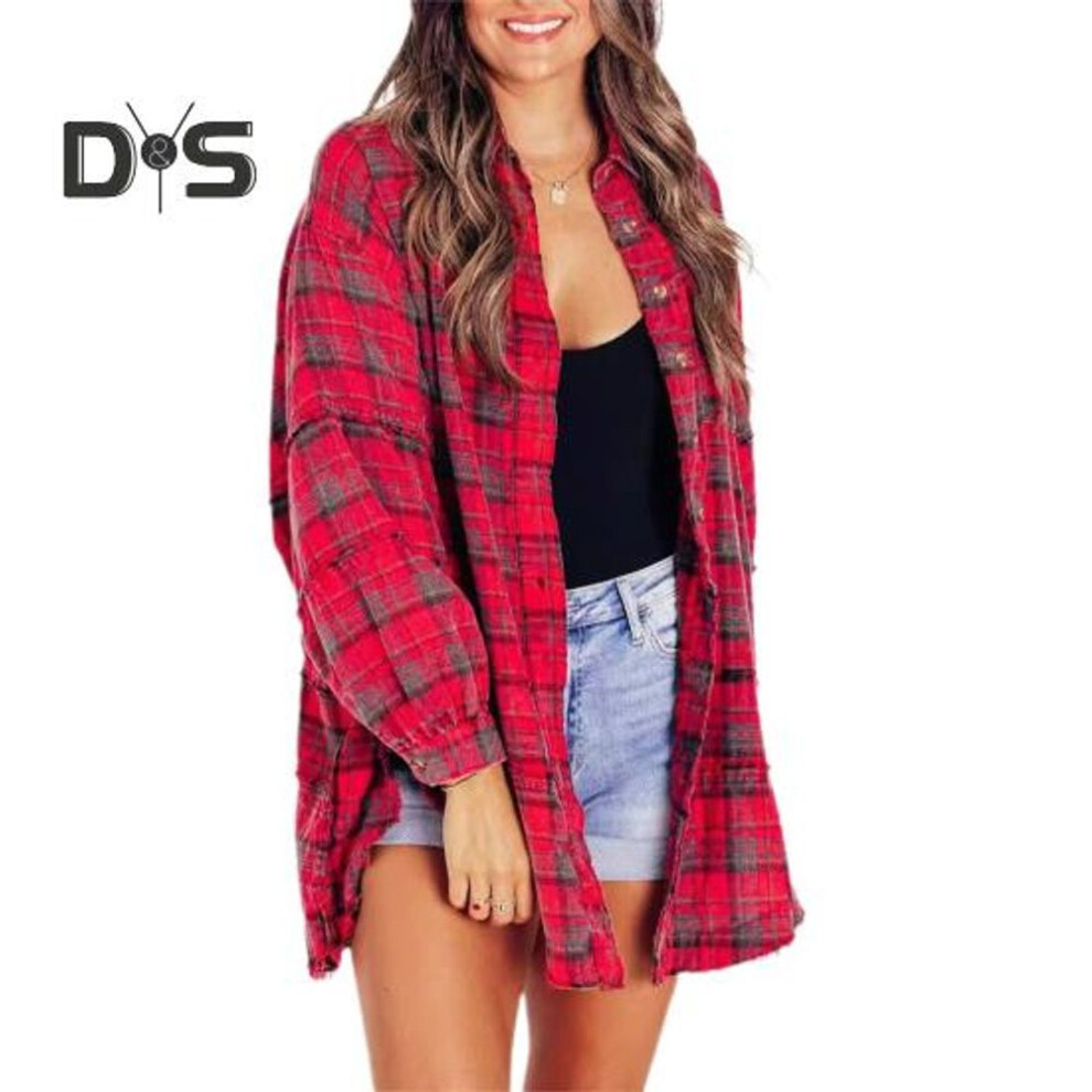 (XXL, red) Women Shirt Lapel Long Sleeve Flap Pockets Shirt Tops Single Breasted Distressed Tassel Edge Oversized Fit Shirt Jacket