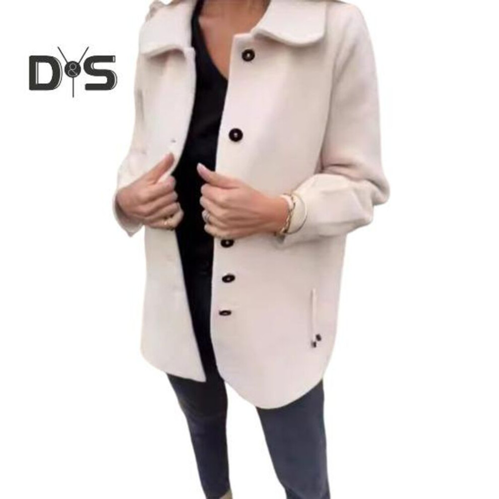 (beige, L) Fall Spring Women Coat Single-breasted Buttons Loose Solid Color Turn-down Collar Cardigan Long Sleeves Dating Commuting Jacket