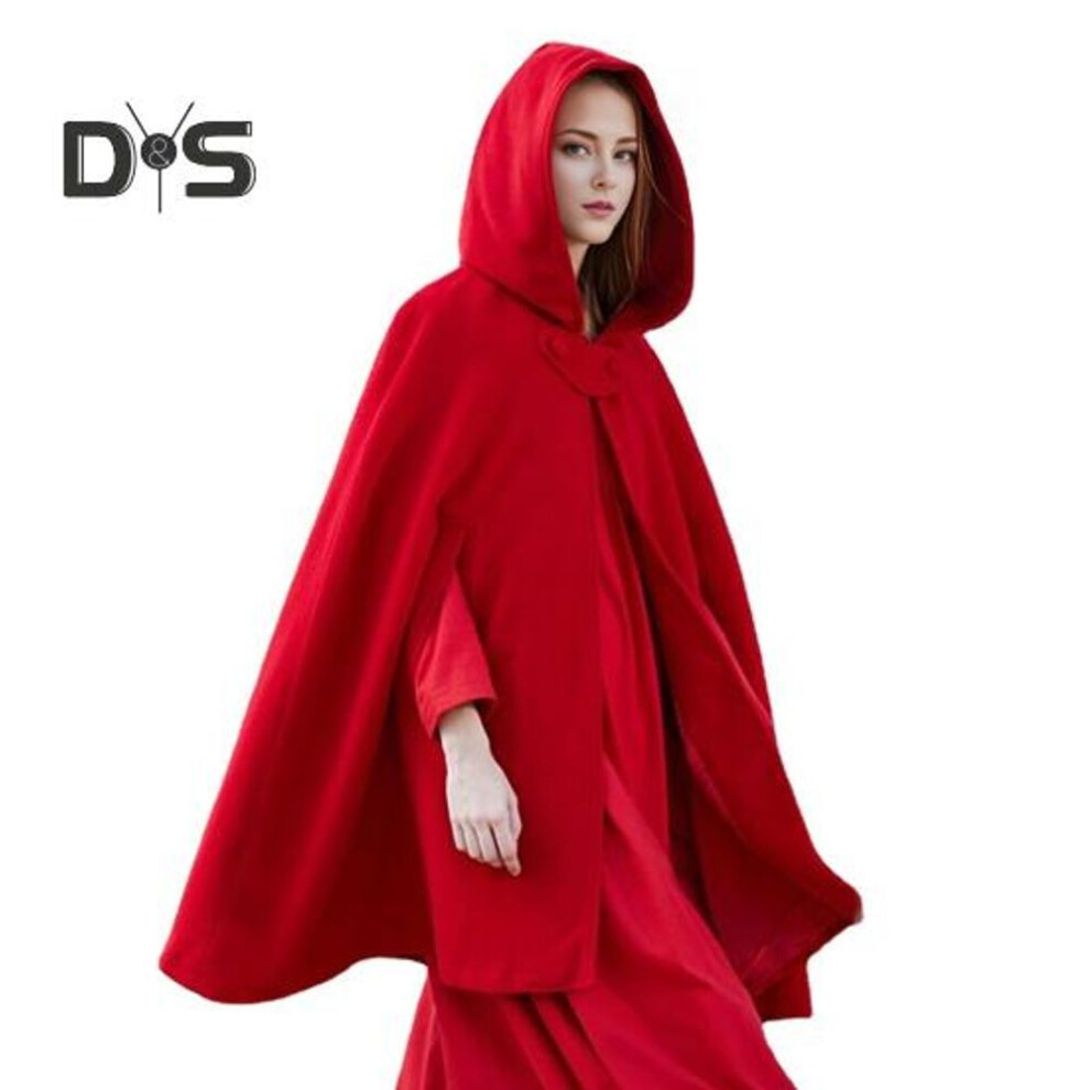 (red, XL) Winter Women Cape Coat With Hood Medieval Retro Cape Gothic Keep Warm Shawl Knee Length Loose Cloak Thick Single-button Closure Outdoor Poncho Pirate