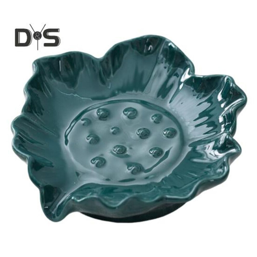(navy blue) Ceramic Soap Holder Lotus Leaf Soap Tray with Self Draining High Durability Multi-Functional Jewelry Holder Bathroom Soap Dish