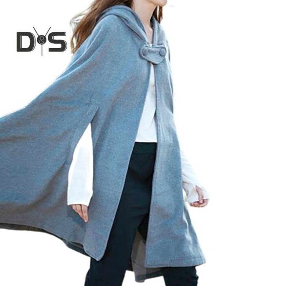 (blue, L) Winter Women Cape Coat with Hood Medieval Retro Cape Gothic Keep Warm Shawl Knee Length Loose Cloak Thick Single-Button Closure Outdoor Poncho Pirate