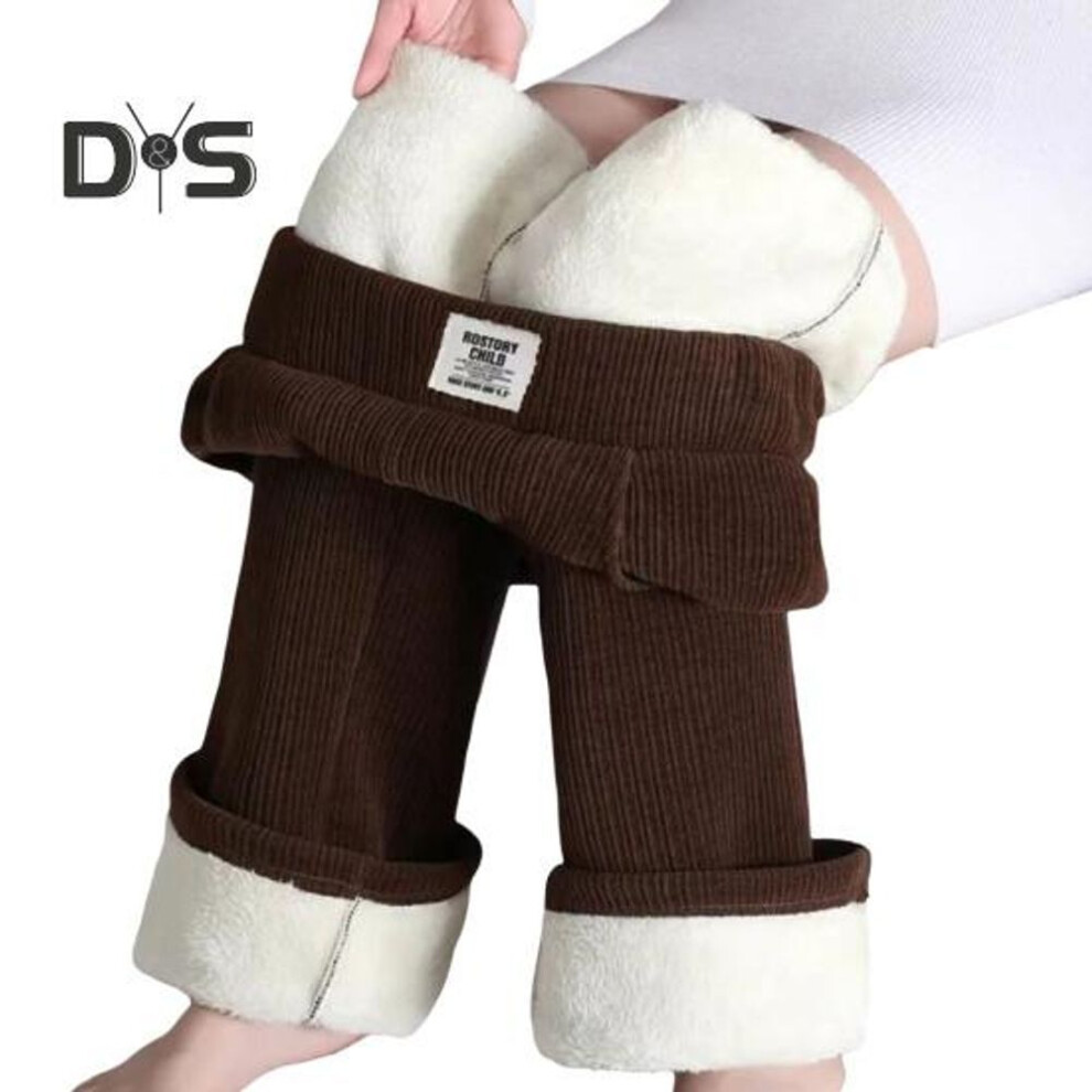 (coffee, M) Winter Pants Elastic High Waist Straight Wide Leg Long Trousers with Pockets Solid Color Thickened Plush Lining Women Pants