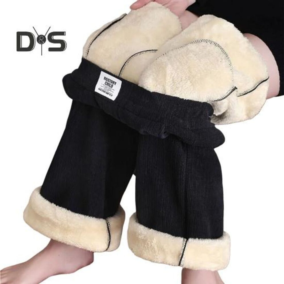 (black, L) Winter Pants Elastic High Waist Straight Wide Leg Long Trousers with Pockets Solid Color Thickened Plush Lining Women Pants