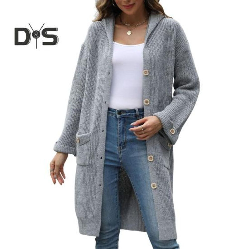 (M, grey) Women Knitted Cardigan Hooded Long Sleeve Single Breasted Sweater Coat with Pockets Solid Color Loose Fit Mid-length Knitwear