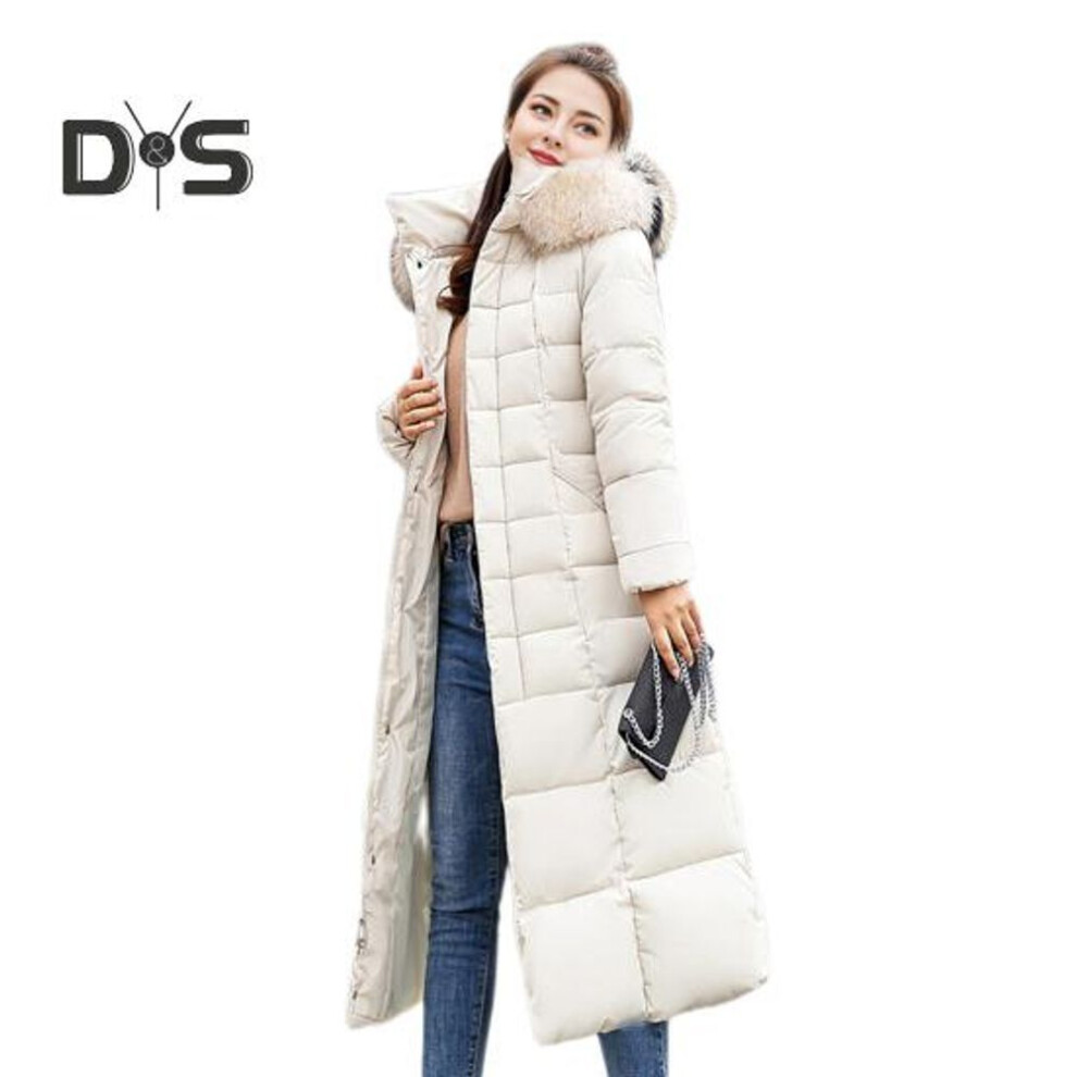 (white, 3XL) Winter Women Cotton Jacket Detachable Hood Neck Protection Long Sleeves Pockets Knee Length Zipper Closure Padded Coat Solid Color Windproof Outwear