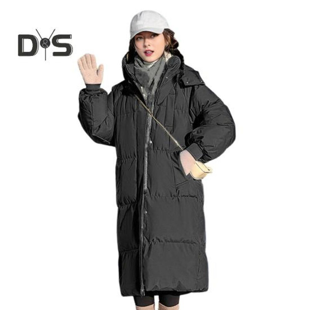 (black, M) Winter Women Cotton Jacket Hooded Neck Protection Long Sleeves Pockets Zipper Closure Padded Coat Mid Length Solid Color Windproof Outwear