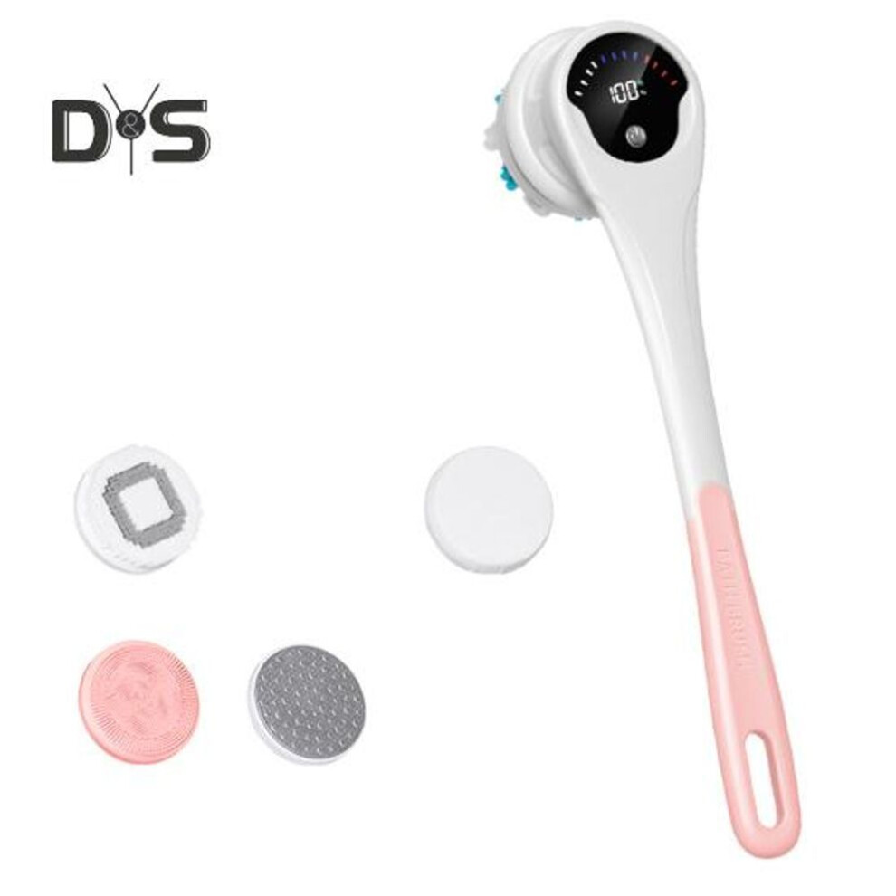 (pink) Electric Bath Brush With 5 Brush Heads Waterproof Rechargeable Long Handle Design 3-speed Rotation Shower Massage Brush