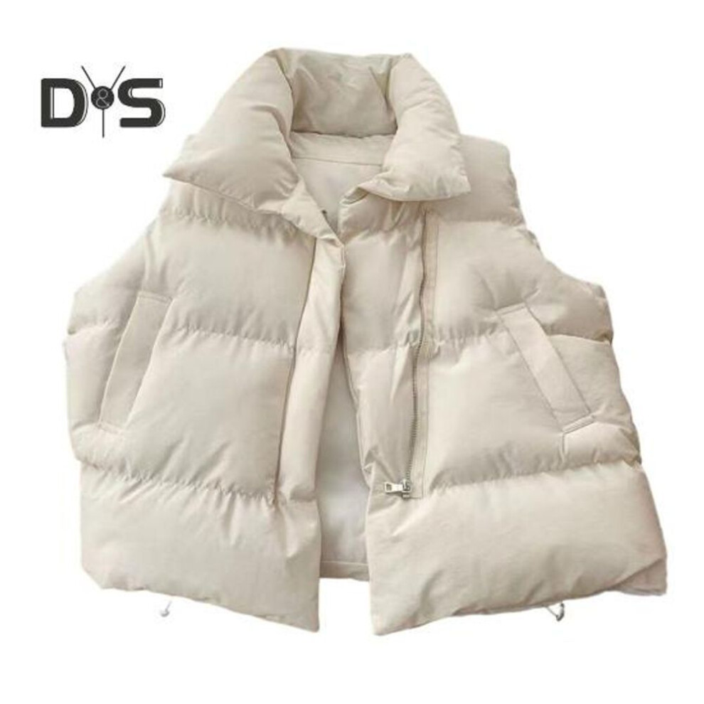 (white, L) Winter Women Vest Coat Thickened Padded Zipper Closure Stand Up Collar Sleeveless Solid Color Windproof Heat Retention Outdoor Down Coat