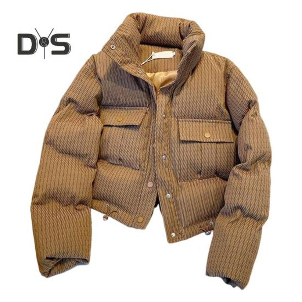 (khaki, L) Winter Women Padded Coat Thickened Button Closure Stand Up Collar Long Sleeves Solid Color Windproof Heat Retention Outdoor Down Jacket