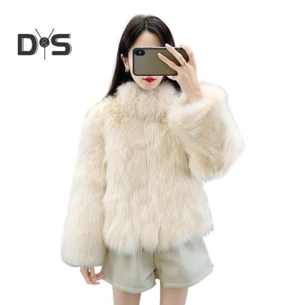 (beige, XXL) Auutmn Winter Lady Cardigan Coat Furry Plush Stand Collar Heat Retention Long Sleeves Thickened Short Type Solid Color Faux Fur Jacket