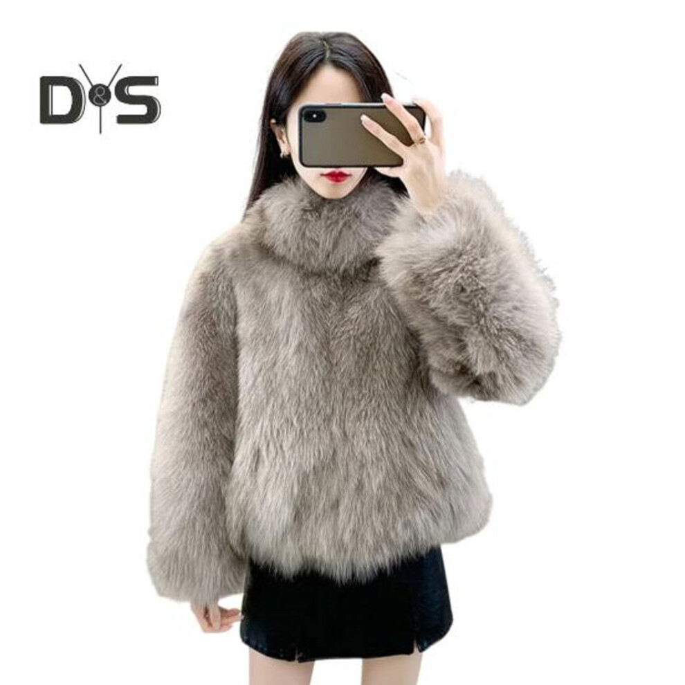 (khaki, XXL) Auutmn Winter Lady Cardigan Coat Furry Plush Stand Collar Heat Retention Long Sleeves Thickened Short Type Solid Color Faux Fur Jacket