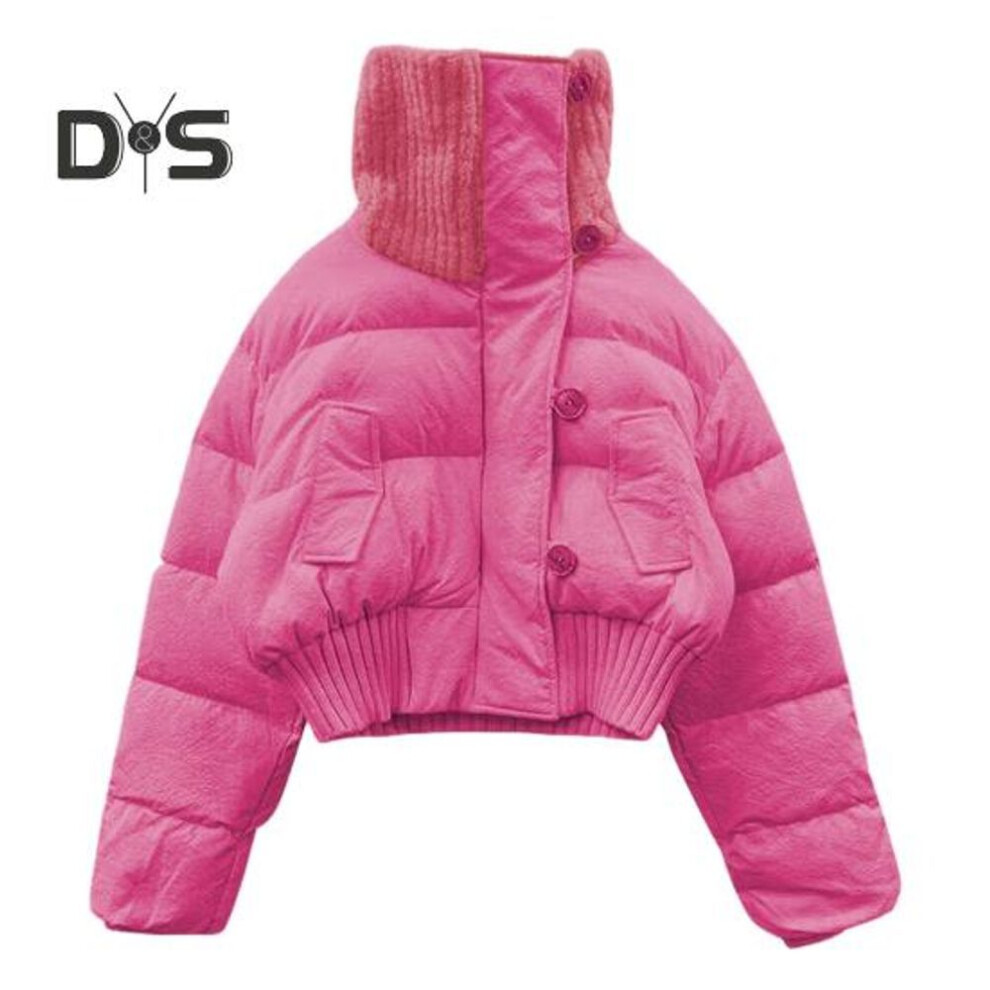 (rose red, M) Women Winter Cotton Coat High Collar Neck Protection Windproof Long Sleeves Short Type Jacket Thickened Padded Single-breasted Stretchy Hem Overcoat