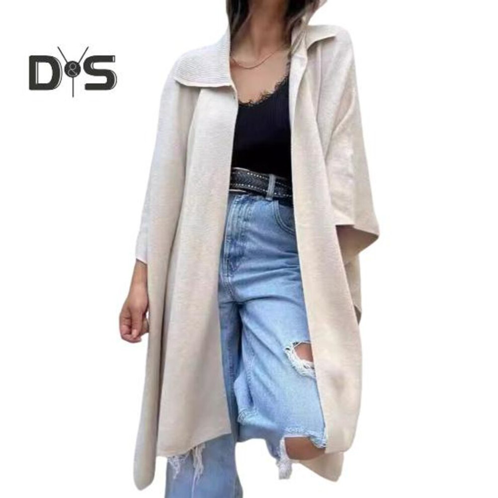 (XXL, apricot) Fall Spring Women Coat Irregular Hem Loose Open Stitch Solid Color Dolman Sleeve Poncho Turn-down Collar Cardigan Dating Commuting Cape Jacket