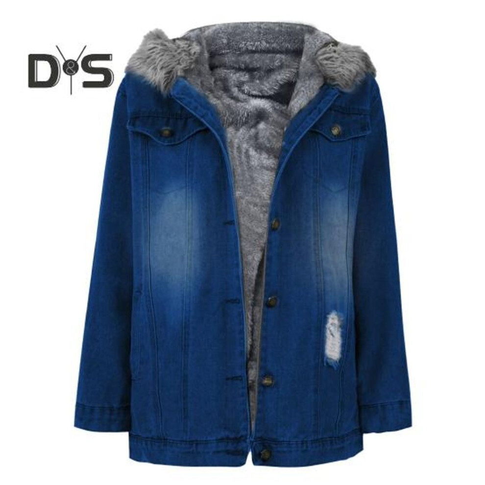 (dark blue, XL) Winter Women Jacket with Furry Hood Thickened Plush Long Sleeves Pockets Button Closure Flap Pockets Coat Short Type Windproof Warm Denim Coat