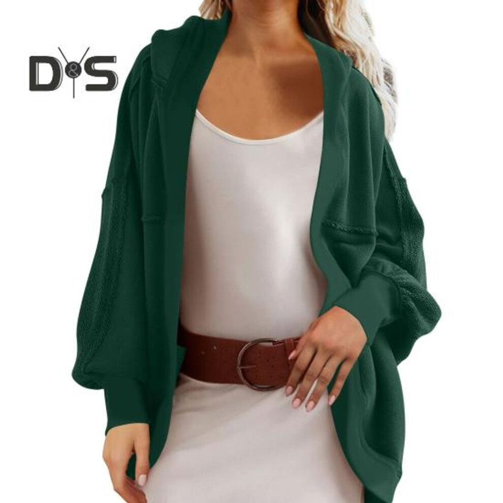 (L, dark green) Fall Spring Women Jacket Patchwork Hooded Loose Solid Color Long Sleeves Open Stitch Cardigan Sweater Sport Casual Commuting Outerwear