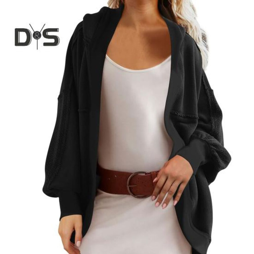 (S, black) Fall Spring Women Jacket Patchwork Hooded Loose Solid Color Long Sleeves Open Stitch Cardigan Sweater Sport Casual Commuting Outerwear
