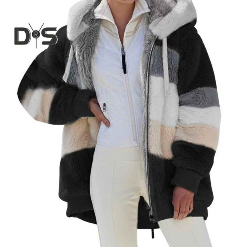 (black, XL) Autumn Winter Lady Cardigan Coat Thickened Plush Hooded Collar Drawstring Loose Windproof Colorblock Patchwork Long Sleeves Cardigan Jacket