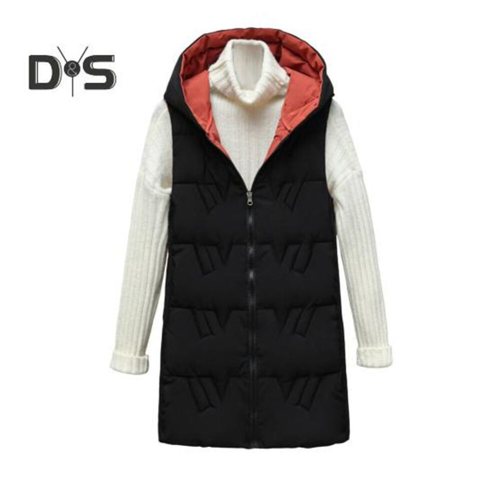 (black, L) Winter Women Waistcoat Thickened Padded Zipper Closure Hooded Slim Fit Sleeveless Solid Color Windproof Heat Retention Outdoor Down Coat