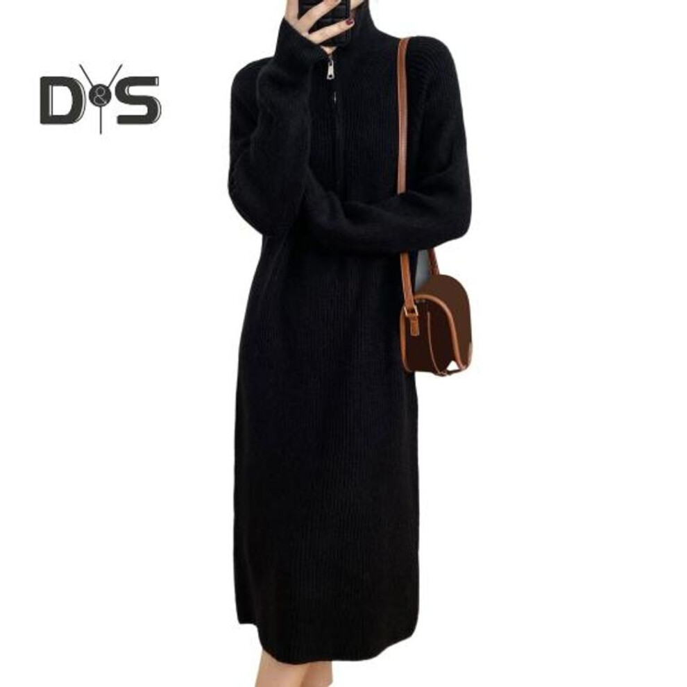 (black) Winter Sweater Dress Zippered Turn-down Collar Long Sleeves Loose Knitted Pure Color Striped Texture Midi Dress