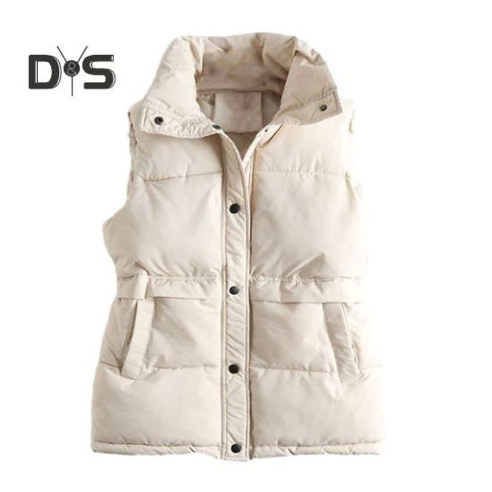 (beige, XXL) Women Winter Coat with Pockets Press Button Closure Padded Stand Collar Sleeveless Solid Color Outdoor Leisure Sports Down Waistcoat