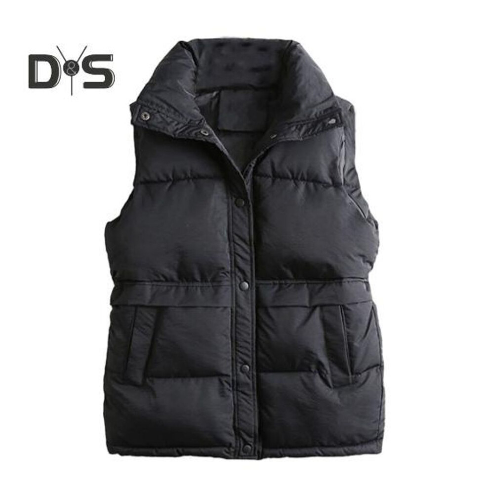 (black, XL) Women Winter Coat With Pockets Press Button Closure Padded Stand Collar Sleeveless Solid Color Outdoor Leisure Sports Down Waistcoat