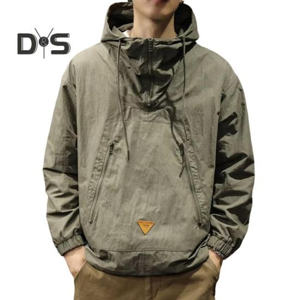 (green, XXXL) Men Trench Coat Solid Color Long Sleeve Half-zip Hooded Jacket With Zipper Pockets Loose Fit Thin Leisure Jacket