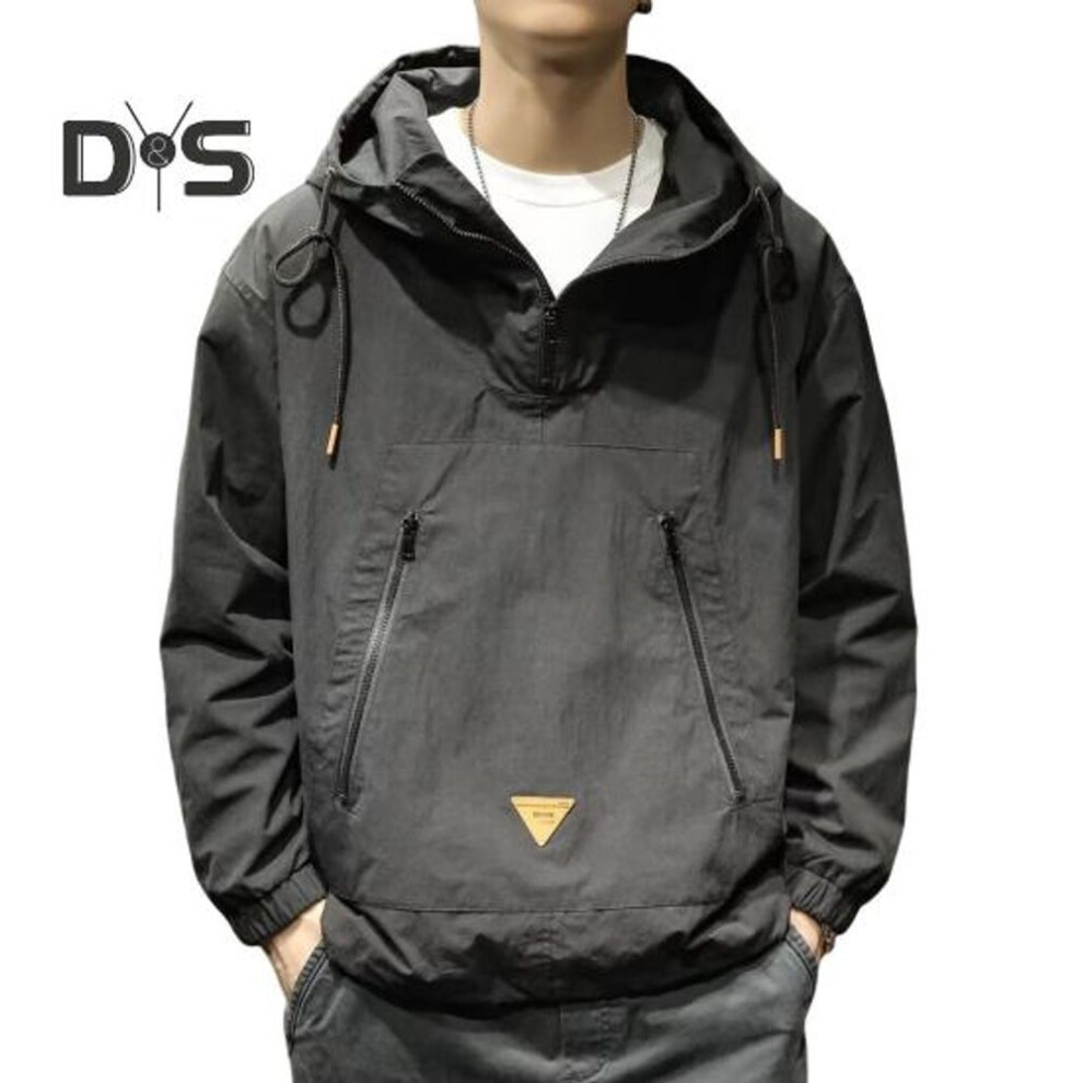 (black, XL) Men Trench Coat Solid Color Long Sleeve Half-zip Hooded Jacket With Zipper Pockets Loose Fit Thin Leisure Jacket