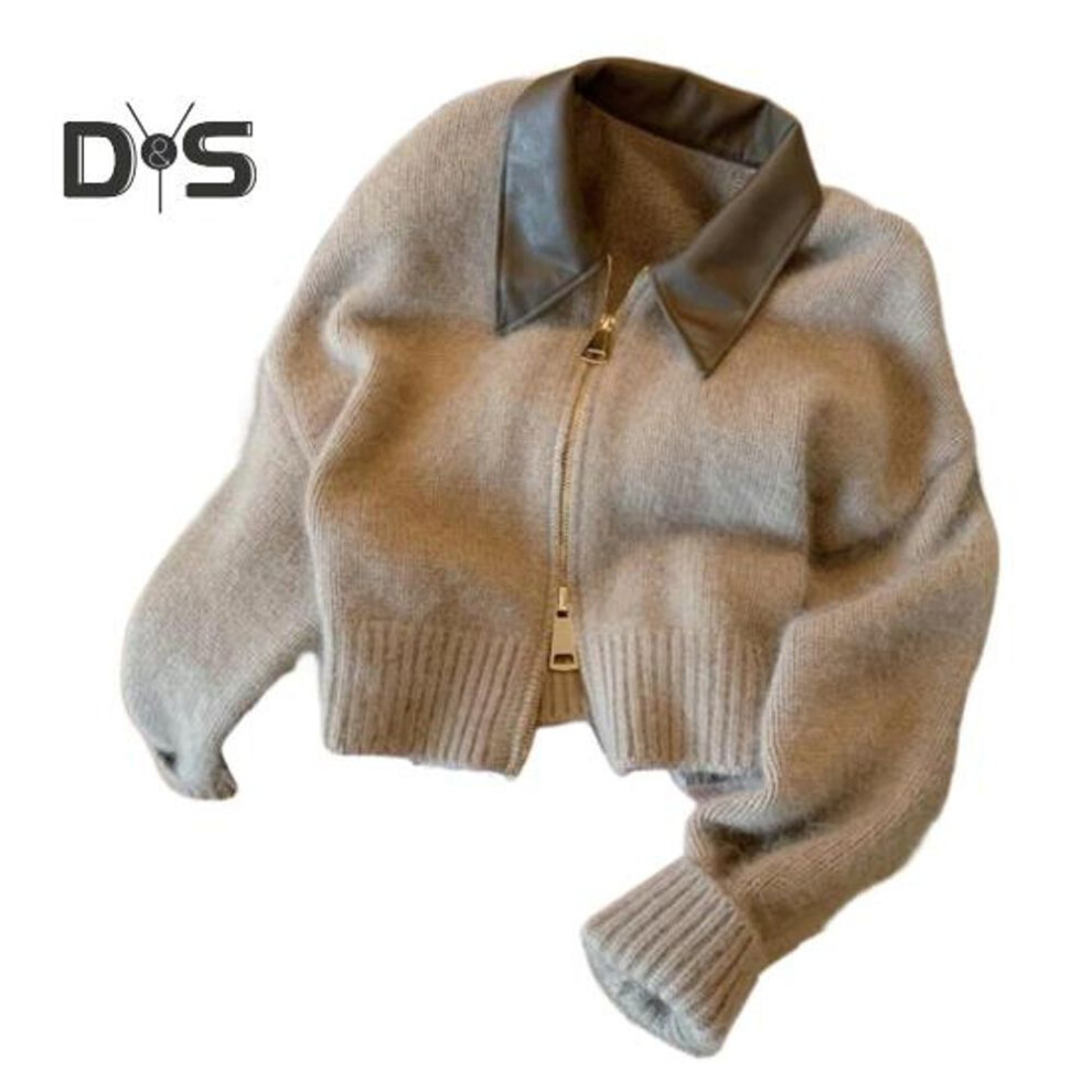(khaki) Women Sweater Coat Lapel Long Sleeve Zipper Placket Knitting Cardigan Patchwork Color Ribbed Trim Loose Fit Casual Knitwear