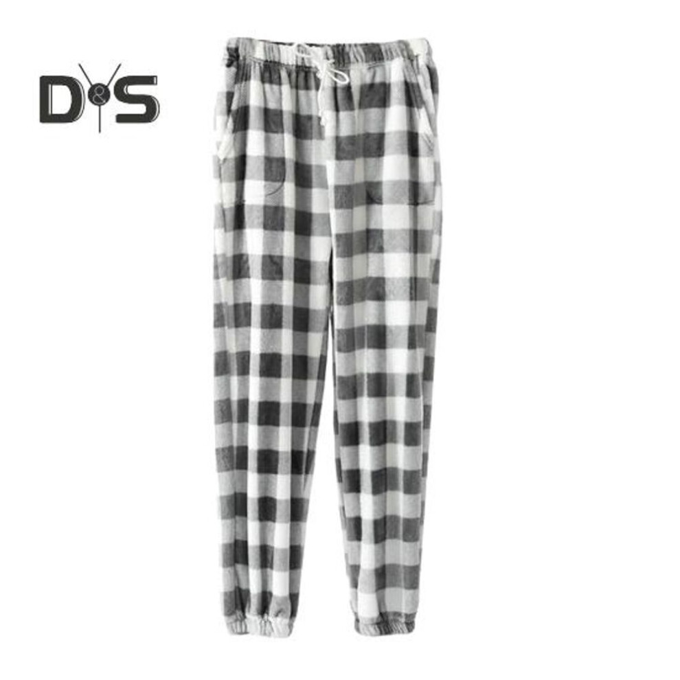 (XL, grey) Winter Pajama Pants Thick Plush Elastic Waist Plaid Print Loose Keep Warm Leg-Binding Design Unisex Homewear Trousers Solid Color Lounge Bottoms
