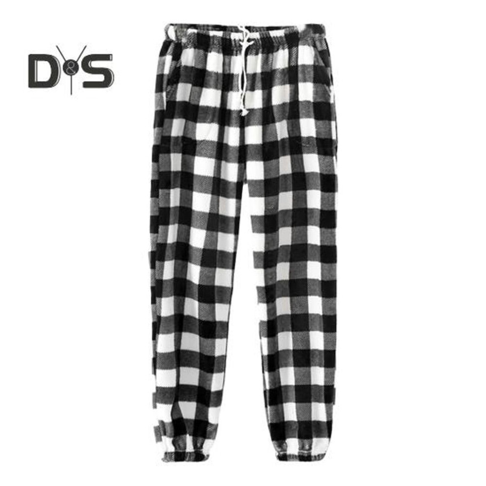 (L, black) Winter Pajama Pants Thick Plush Elastic Waist Plaid Print Loose Keep Warm Leg-binding Design Unisex Homewear Trousers Solid Color Lounge Bottoms