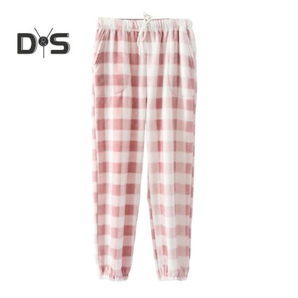 (M, pink) Winter Pajama Pants Thick Plush Elastic Waist Plaid Print Loose Keep Warm Leg-Binding Design Unisex Homewear Trousers Solid Color Lounge Bottoms