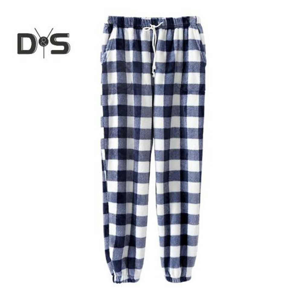 (L, navy blue) Winter Pajama Pants Thick Plush Elastic Waist Plaid Print Loose Keep Warm Leg-binding Design Unisex Homewear Trousers Solid Color Lounge Bottoms