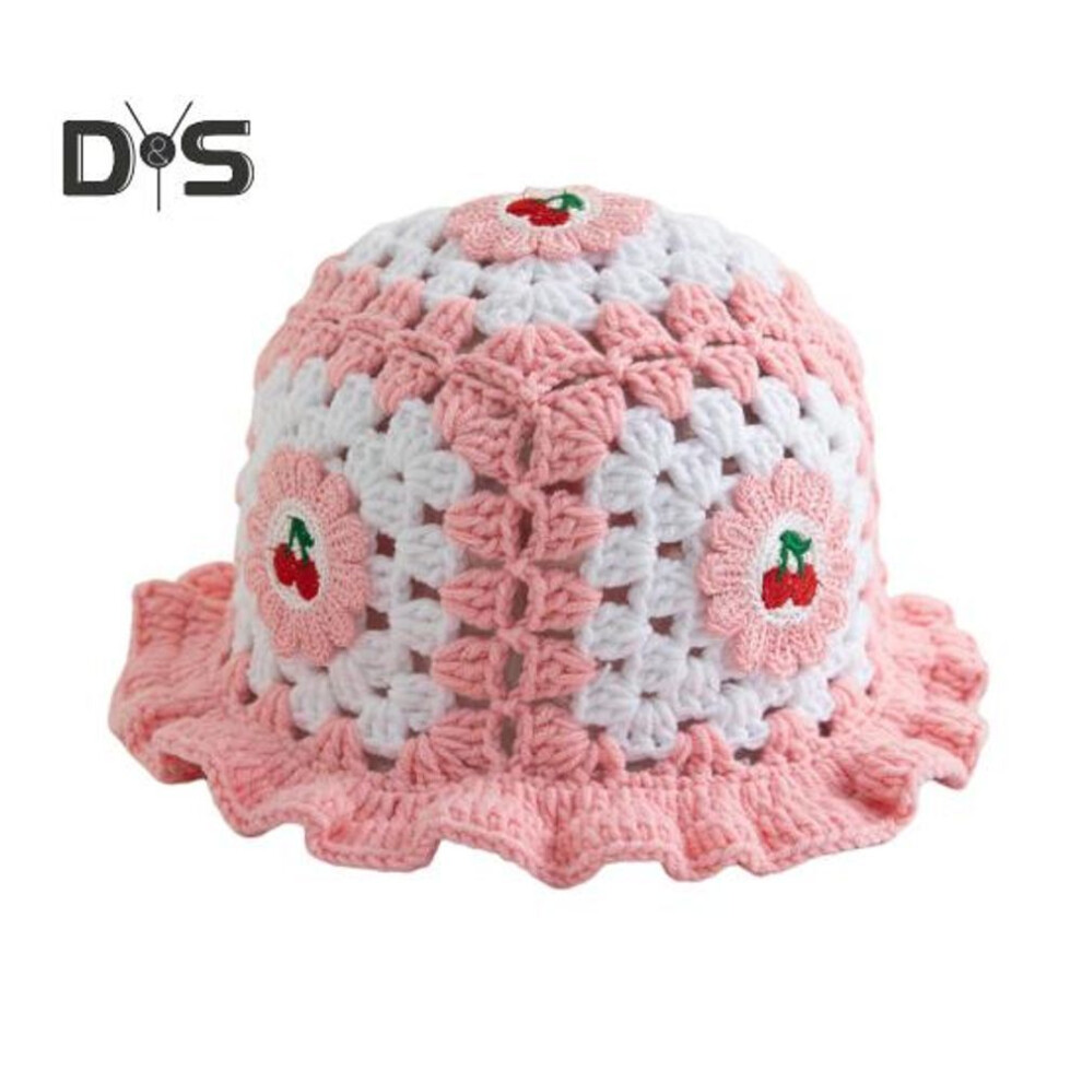 (as the picture, Cherry 1) Cartoon Woolen Hat Cherry Mushroom Applique Knit Hat Hollow Candy Color Children Headwear Bucket Hat Kids Photography Crochet Hat Birthday Parties